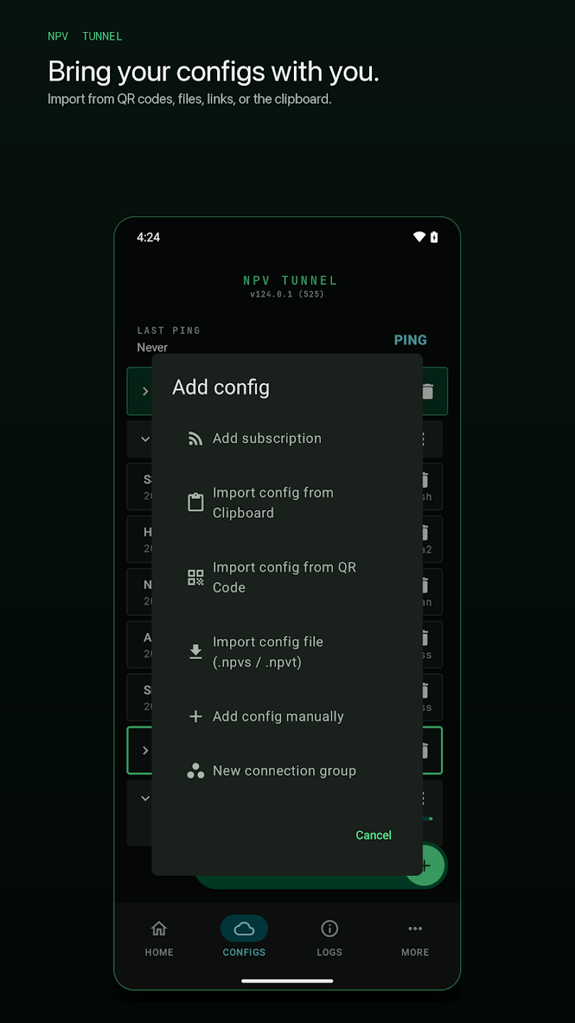 NPV Tunnel import config menu