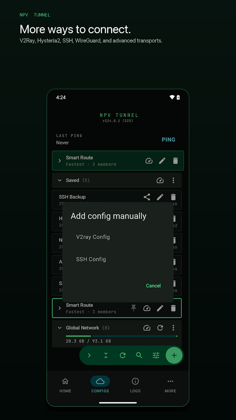 NPV Tunnel V2Ray and SSH config types